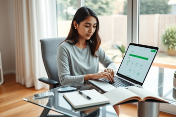 Young woman applying for an online personal loan on a laptop in a bright, modern home office with soft natural lighting