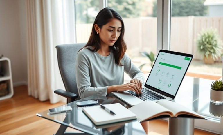 Young woman applying for an online personal loan on a laptop in a bright, modern home office with soft natural lighting
