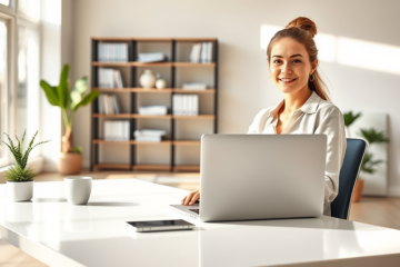 Young professional woman using laptop in bright home office applying for affordable online loan with fast approval options
