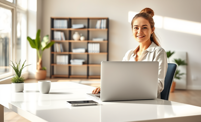 Young professional woman using laptop in bright home office applying for affordable online loan with fast approval options