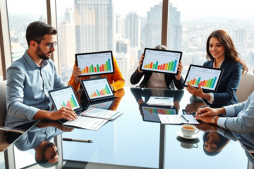Diverse group in a modern office comparing low-rate loan options on digital devices for better borrowing choices
