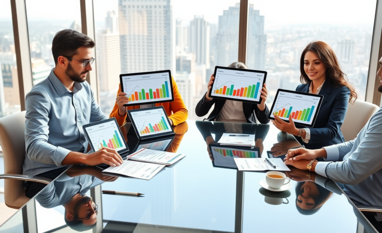 Diverse group in a modern office comparing low-rate loan options on digital devices for better borrowing choices