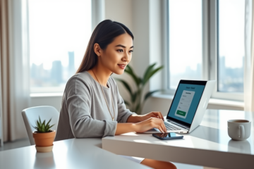 Young professional woman comfortably completing an online credit application on a laptop in a bright home office with city view