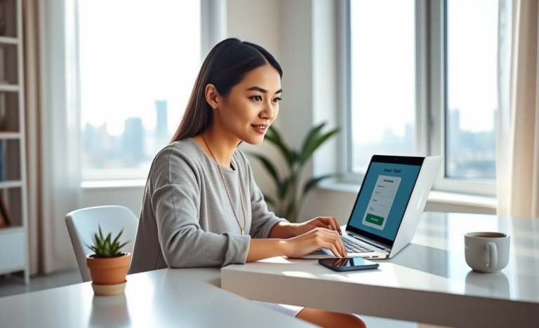 Young professional woman comfortably completing an online credit application on a laptop in a bright home office with city view