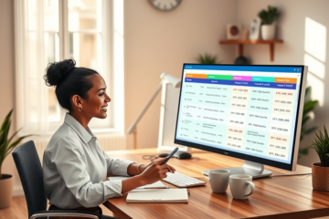 Young professional woman compares digital loan options on a computer in a bright, modern home office setting