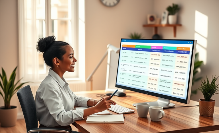 Young professional woman compares digital loan options on a computer in a bright, modern home office setting