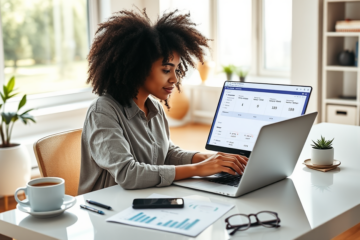 Young woman in a modern home office quickly comparing personal loan options online using a laptop and documents