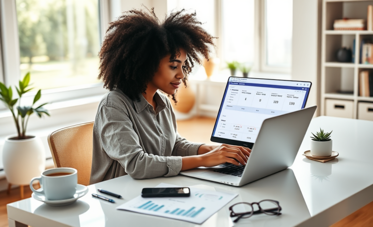 Young woman in a modern home office quickly comparing personal loan options online using a laptop and documents