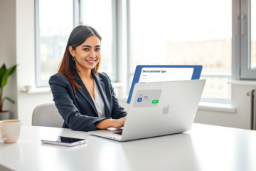 Young professional woman completing a secure personal loan application on laptop in bright home office for fast approval
