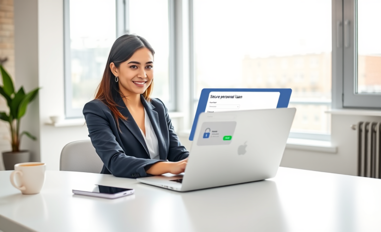 Young professional woman completing a secure personal loan application on laptop in bright home office for fast approval