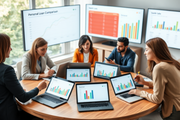 Three diverse adults comparing personal loan rates and terms in a modern office with laptops and digital loan charts displayed