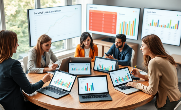 Three diverse adults comparing personal loan rates and terms in a modern office with laptops and digital loan charts displayed