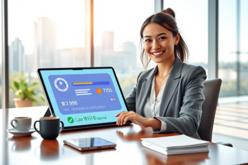 Young professional woman using tablet for digital loan application in modern bright office with urban cityscape outside