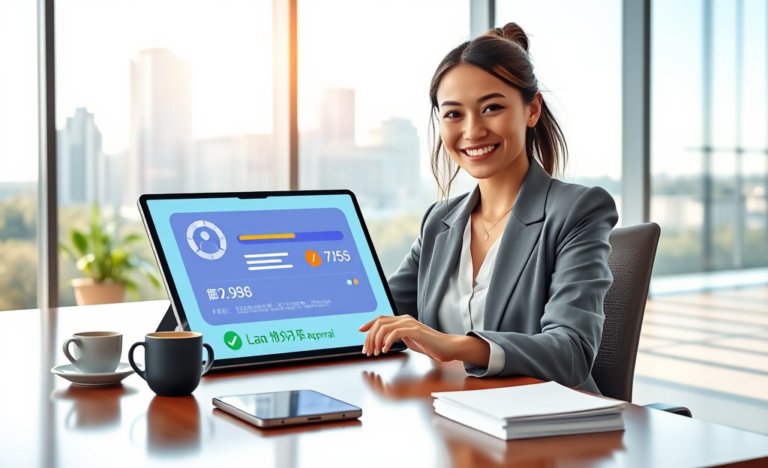 Young professional woman using tablet for digital loan application in modern bright office with urban cityscape outside