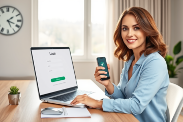 Young professional woman using laptop and smartphone in modern home office, representing online loan approval for fast borrowing