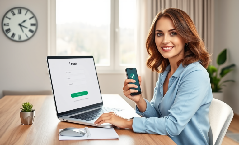 Young professional woman using laptop and smartphone in modern home office, representing online loan approval for fast borrowing