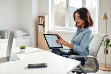Young professional woman using tablet for a fast, easy digital loan application in a bright modern home office