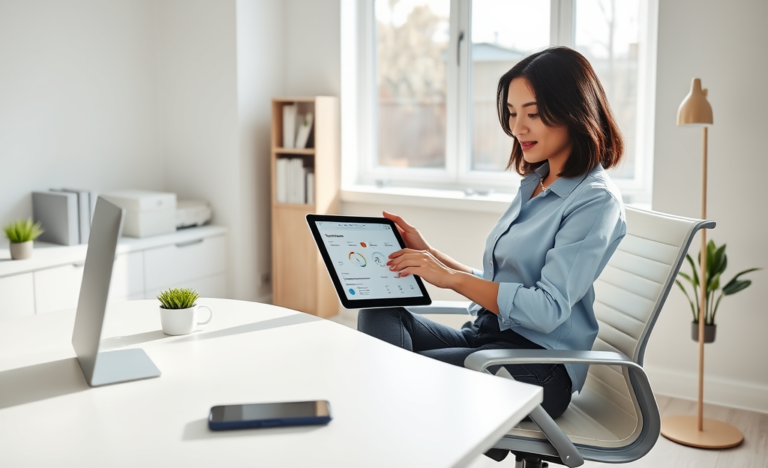Young professional woman using tablet for a fast, easy digital loan application in a bright modern home office