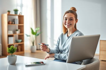 Young professional woman completing an online credit application on a laptop in a bright modern home office highlighting fast approval and competitive rates