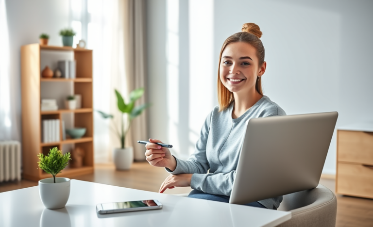 Young professional woman completing an online credit application on a laptop in a bright modern home office highlighting fast approval and competitive rates