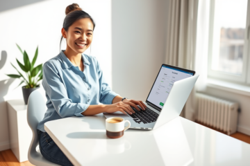 Young professional woman completing a fast, easy personal loan application online at a bright modern home office