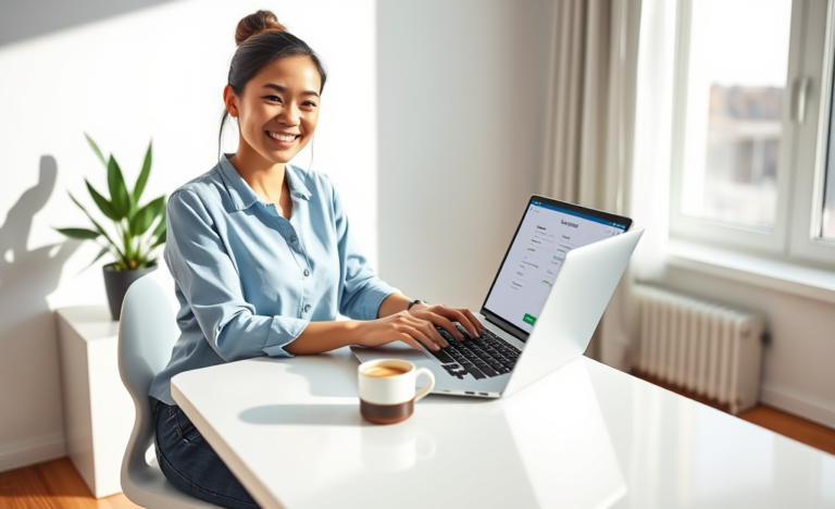 Young professional woman completing a fast, easy personal loan application online at a bright modern home office