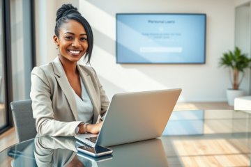 Young professional woman in modern office using laptop for fast and secure personal loan application with natural daylight