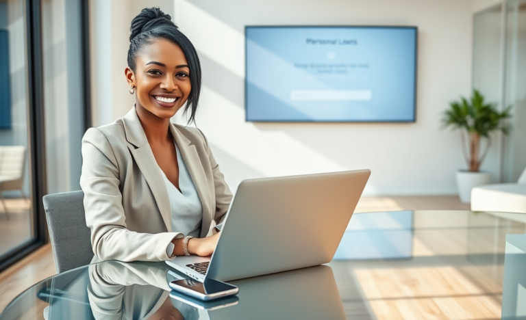 Young professional woman in modern office using laptop for fast and secure personal loan application with natural daylight