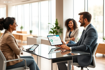 Diverse customers discussing quick approval personal loans with a loan officer in a modern, bright bank office environment
