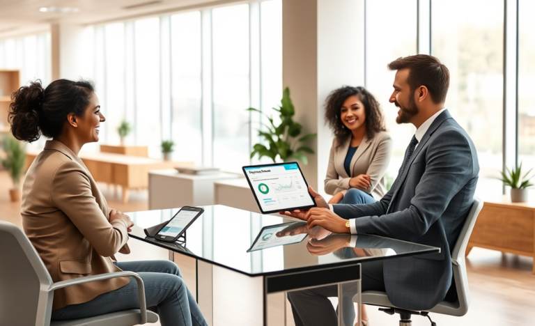 Diverse customers discussing quick approval personal loans with a loan officer in a modern, bright bank office environment