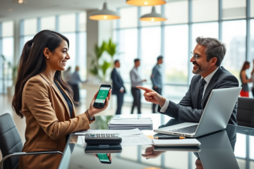 Young professional woman receiving fast personal loan approval assistance from bank officer in modern bright bank office