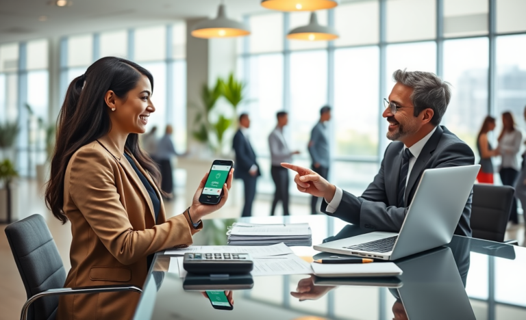 Young professional woman receiving fast personal loan approval assistance from bank officer in modern bright bank office
