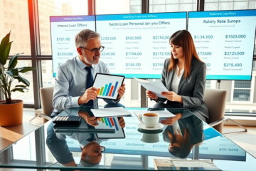 Two professionals in a modern office reviewing personal loan comparisons on a tablet and documents under natural daylight
