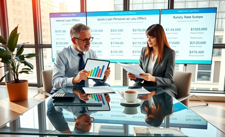 Two professionals in a modern office reviewing personal loan comparisons on a tablet and documents under natural daylight