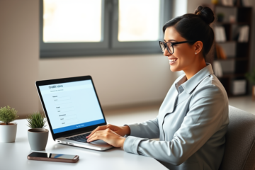 Young professional woman completing an online loan application on a laptop at a minimalist home office desk with natural light