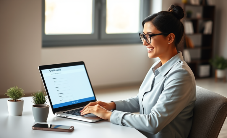 Young professional woman completing an online loan application on a laptop at a minimalist home office desk with natural light