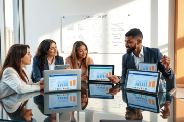 Three professionals in a bright modern office comparing online credit alternatives on multiple digital devices around a glass table