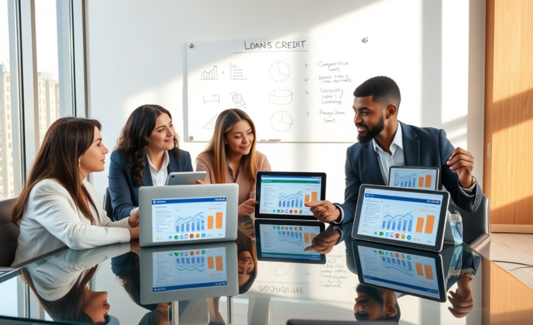 Three professionals in a bright modern office comparing online credit alternatives on multiple digital devices around a glass table