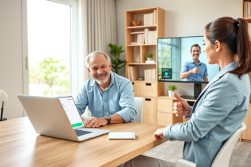 Middle-aged man completing an online personal loan application on laptop with video call support in a bright home office setting