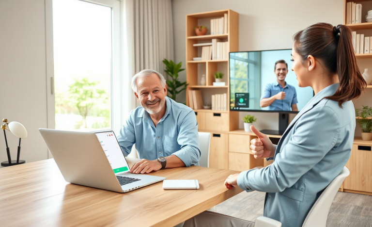 Middle-aged man completing an online personal loan application on laptop with video call support in a bright home office setting