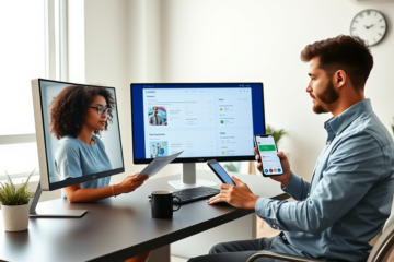 Two diverse young adults comparing online loan options on a smartphone and monitor in a bright modern office highlighting easier applications and faster approval