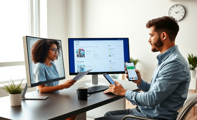 Two diverse young adults comparing online loan options on a smartphone and monitor in a bright modern office highlighting easier applications and faster approval