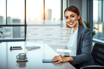 Young professional woman completing a digital loan application for fast approval on a transparent tablet in a bright modern office with city view