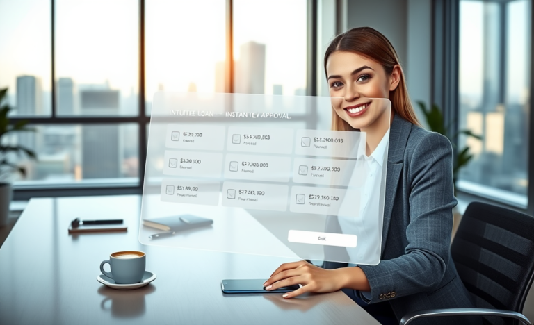 Young professional woman completing a digital loan application for fast approval on a transparent tablet in a bright modern office with city view