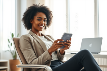 Young woman using smartphone for digital credit application with quick approval options in a modern office setting