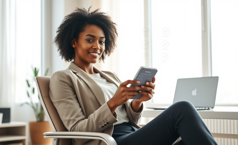 Young woman using smartphone for digital credit application with quick approval options in a modern office setting