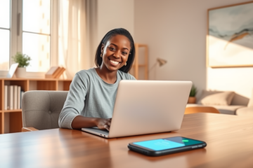 Young woman using laptop at home office applying for digital credit options with fast approval and lower rates under natural light