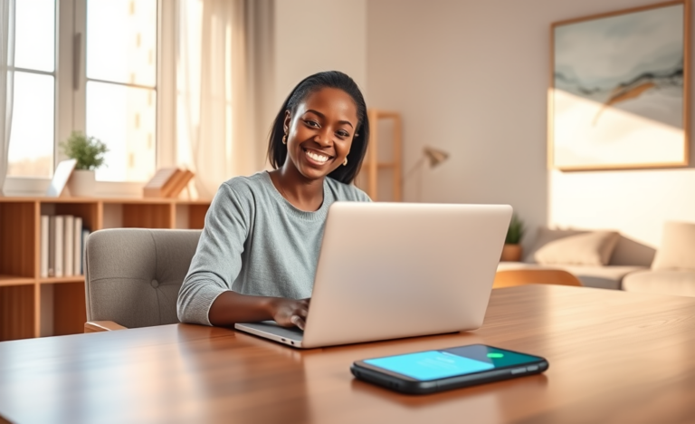 Young woman using laptop at home office applying for digital credit options with fast approval and lower rates under natural light