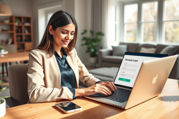 Young professional woman using laptop in a bright home office, completing a fast and simple personal loan online application