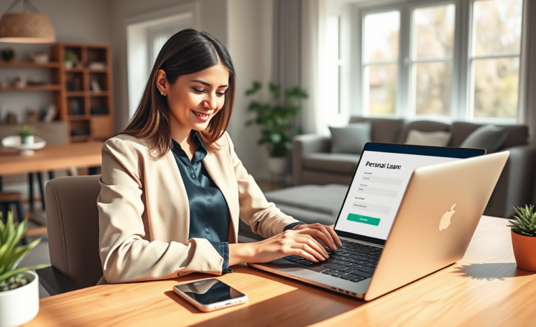 Young professional woman using laptop in a bright home office, completing a fast and simple personal loan online application